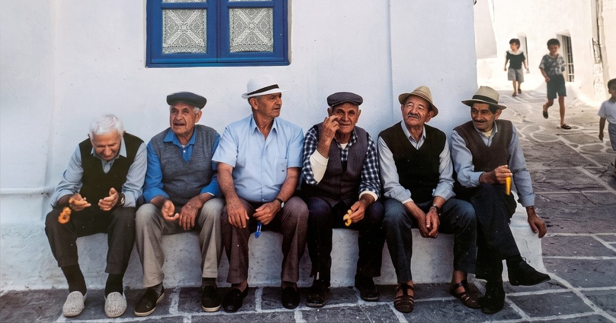 Six older Greek men sitting shoulder to shoulder on a bench outside a whitewashed village kafenio