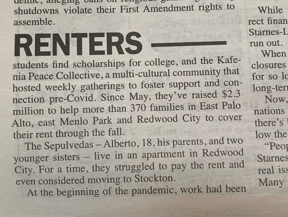 Newspaper article continued, mentioning the Kafenia Peace Collective and the rent fund