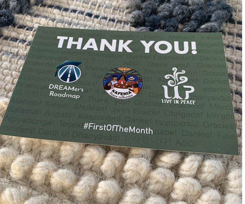 First of the Month thank-you postcard from DREAMer's Roadmap, Kafenia and Live in Peace