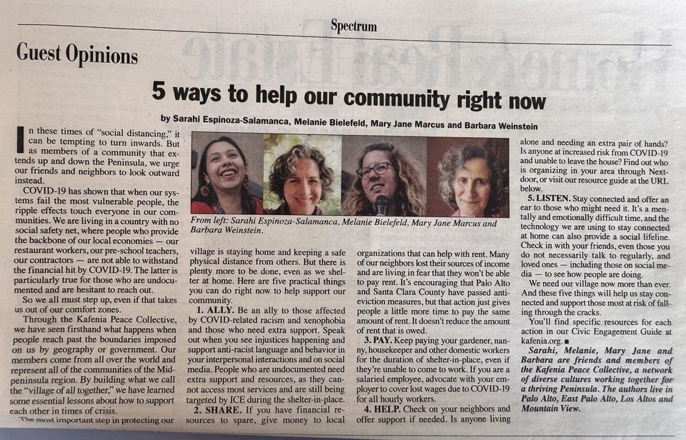 Palo Alto Weekly guest opinion: 5 ways to help our community right now, by Sarahi Espinoza-Salamanca, Melanie Bielefeld, Mary Jane Marcus and Barbara Weinstein