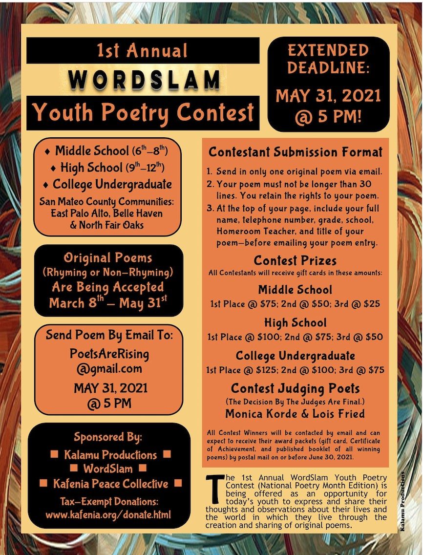 Flyer for the 1st Annual WordSlam Youth Poetry Contest, 2021, sponsored by Kalamu Productions, WordSlam and Kafenia Peace Collective